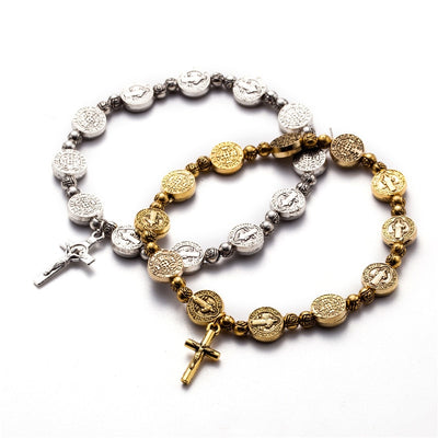 silver and gold color vintage catholic st Benedict bracelet stretchy