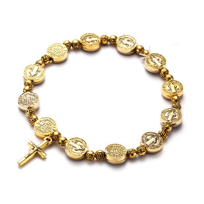 gold color vintage catholic st Benedict bracelet stretchy
