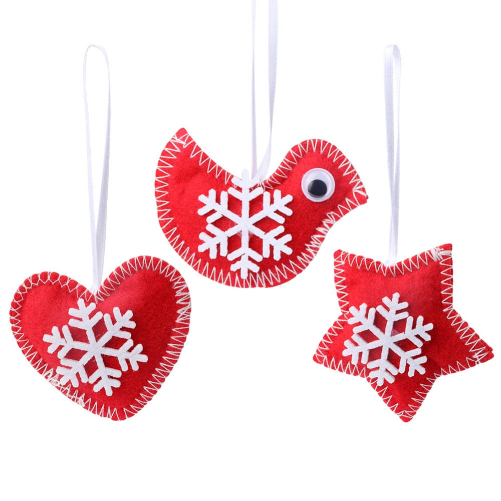 red felt handmade christmas tree ornament, heart star and bird, red and white felt