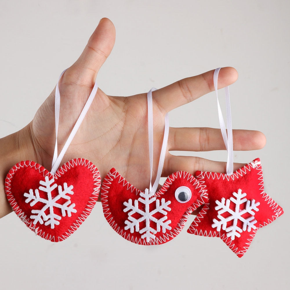 red felt handmade christmas tree ornament, heart star and bird, red and white felt