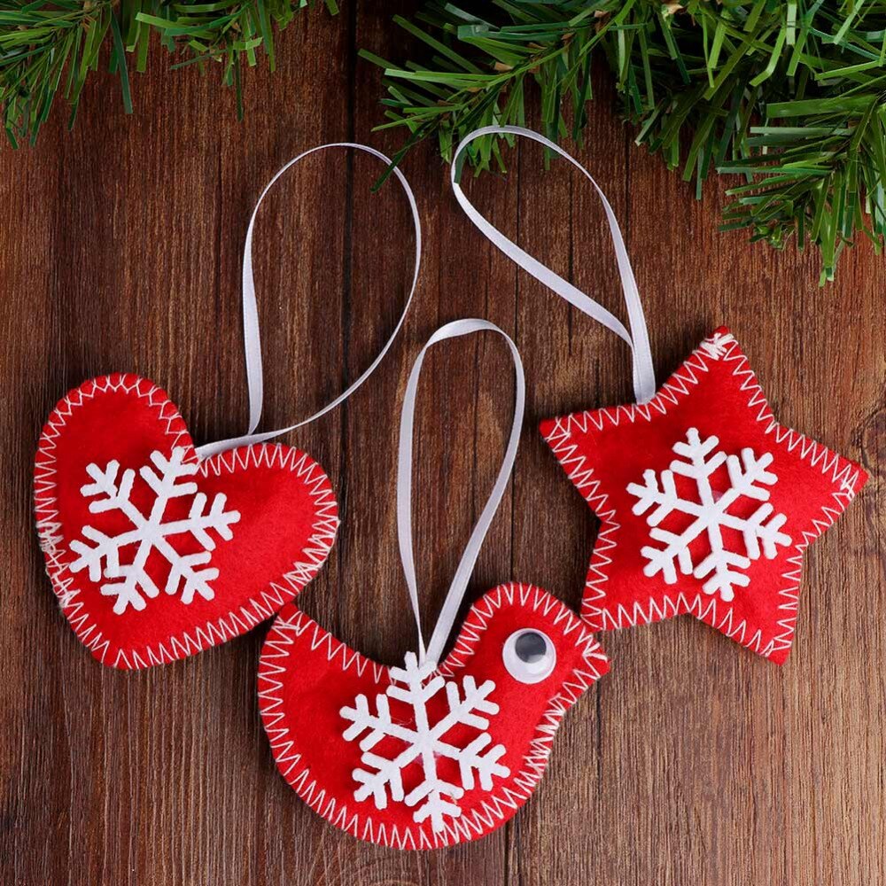 red felt handmade christmas tree ornament, heart star and bird, red and white felt