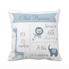 baby birth stats pillowcase, blue baby pillowcase, giraffe tiger and elephant design