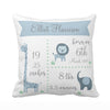 baby birth stats pillowcase, blue baby pillowcase, giraffe tiger and elephant design