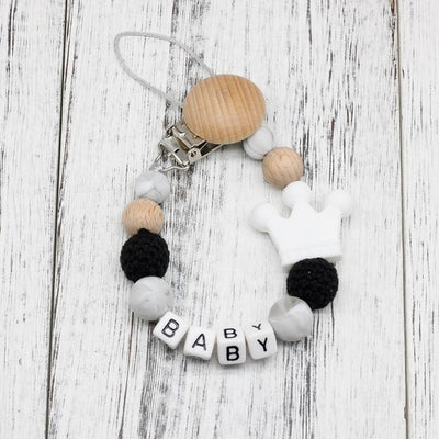 handmade, custom name, baby pacifier teether clip, white color - winfinity brands