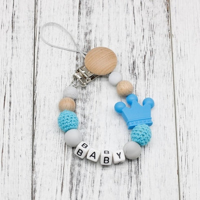 handmade, custom name, baby pacifier teether clip, blue color - winfinity brands