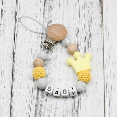 handmade, custom name, baby pacifier teether clip, yellow color - winfinity brands