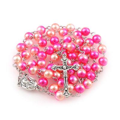 winfinity brands - Jerusalem rosary  pink and peach pearls teenager confirmation - walk with jesus rosary Jerusalem soil medallion - winfinity brands - pearl rosary colorful rainbow with name personalized