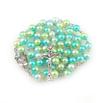 winfinity brands - Jerusalem rosary - green and blue pearl rosary  - walk with jesus rosary Jerusalem soil medallion - winfinity brands - pearl rosary colorful rainbow with name personalized
