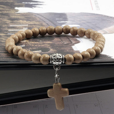 catholic store gift stone bracelet natural beige stone  with cross winfinity brands