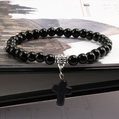 catholic store gift stone bracelet shiny black  stone  with cross winfinity brands