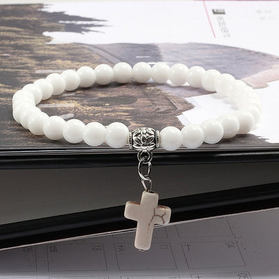 catholic store gift stone bracelet white glass marble stone cross  with cross winfinity brands