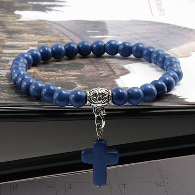 catholic store gift stone bracelet blue marble stone  with cross winfinity brands