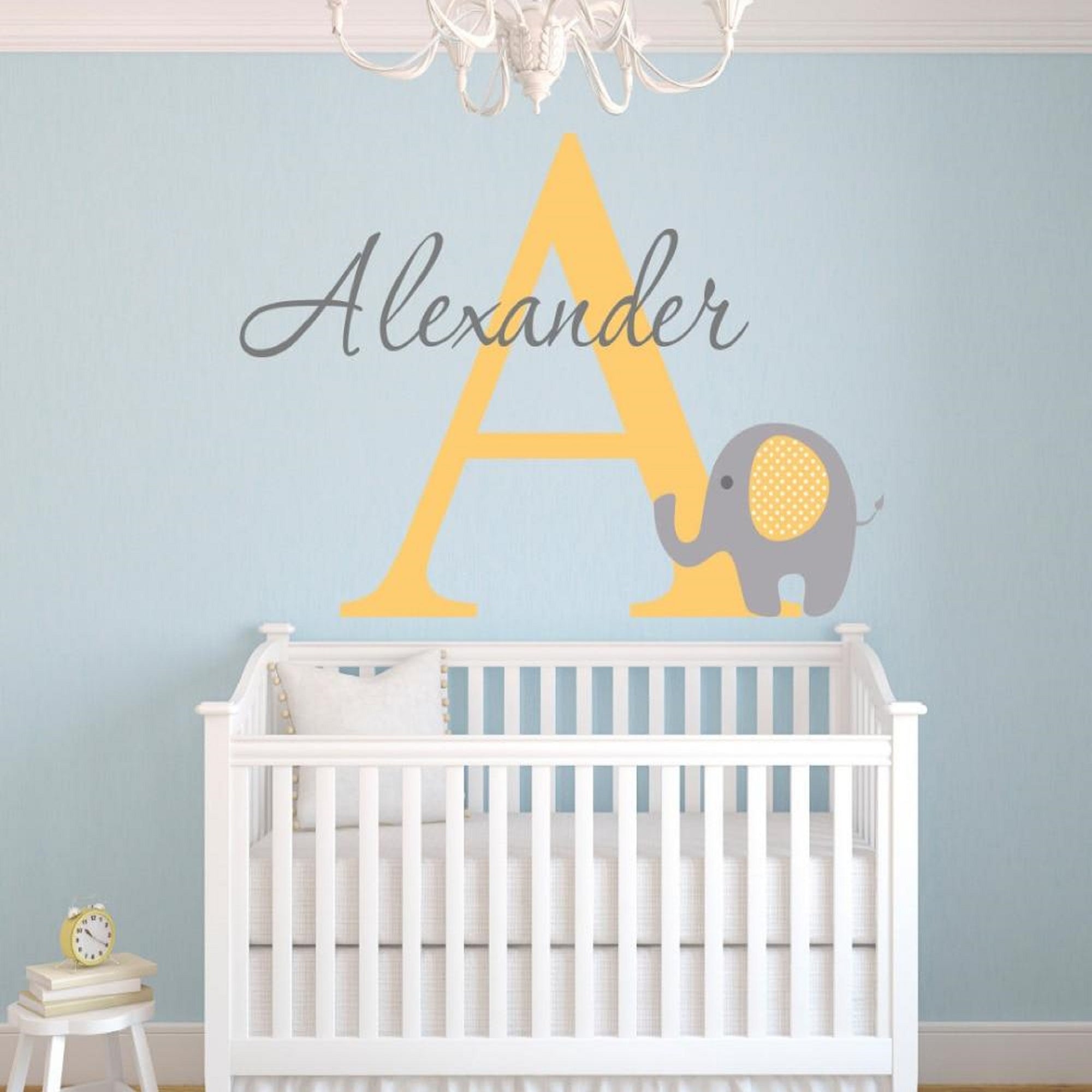 baby room wall initial name vinyl custom name elephant winfinity brands createme yellow and grey boys nursery neutral nursery