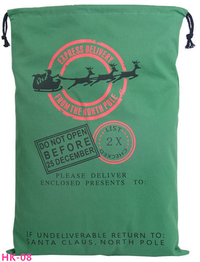christmas sack, santa delivery sack,express delivery from the north pole green bag