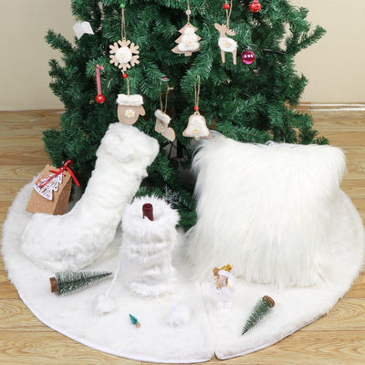 white fur furry tree skirt, snow tree skirt