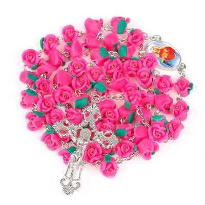 pink rose rosary made of clay catholic winfinity brands