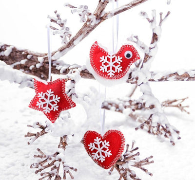 red felt handmade christmas tree ornament, heart star and bird, red and white felt