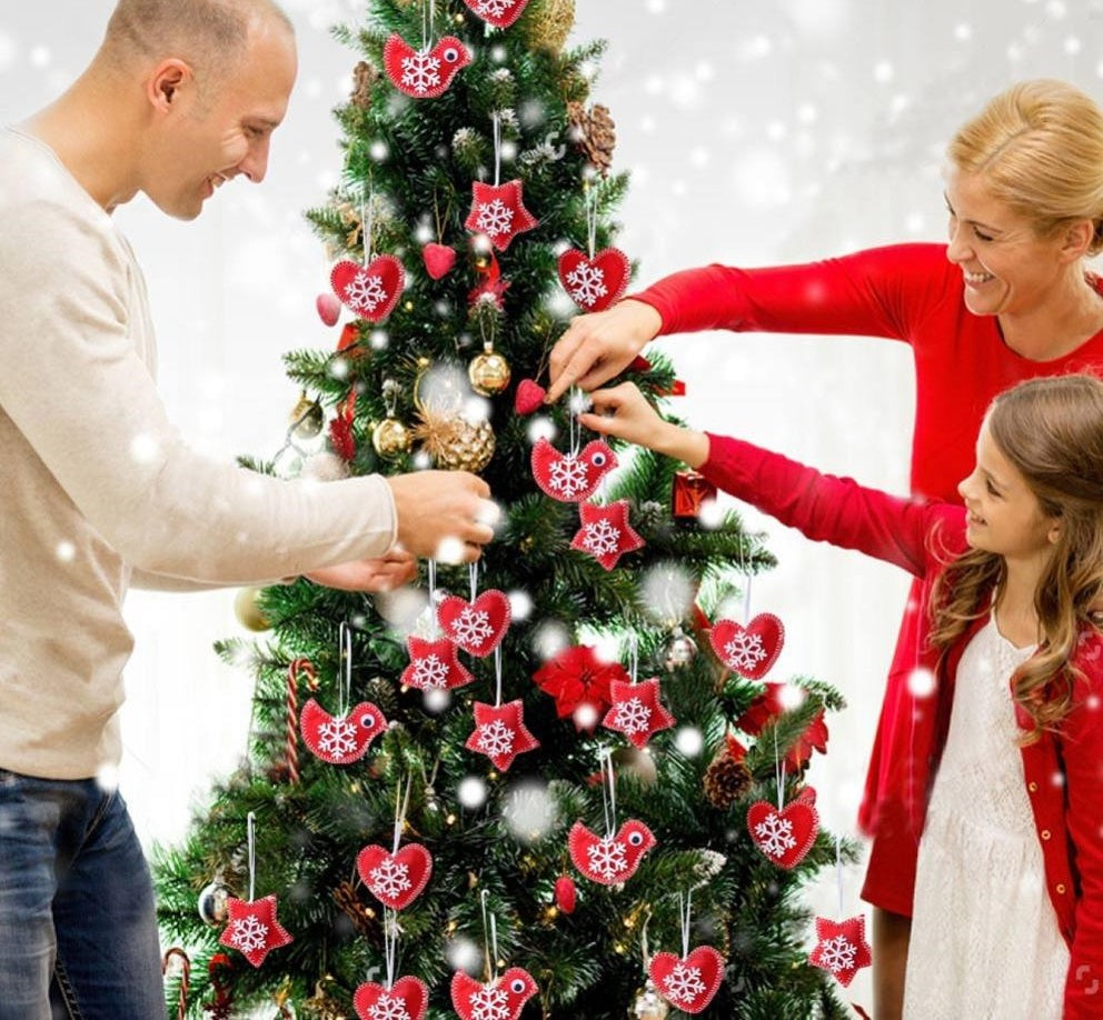 red felt handmade christmas tree ornament, heart star and bird, red and white felt red and white tree christmas