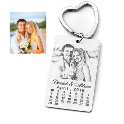 anniversary date and photo key chain with heart key ring couple gifls , stainless steel key chain custom made to order wedding
