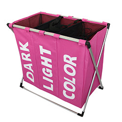 girl room pink color laundry triple compartment laundry hamper bin storage, dark light color