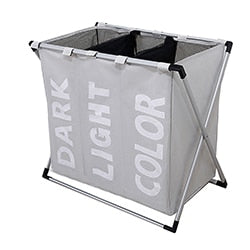 triple compartment laundry hamper bin storage, light gray grey color