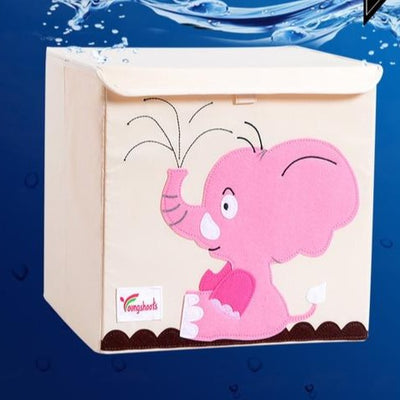 kids storage bin, childrens storage organization idea, kids room decor, storage bin animal theme, baby decor room, playroom decor for kids, storage box with lid, stackable kids canvas storage bins, pink elephant theme