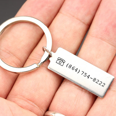 phone number key chain, silver phone number key chain