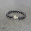 black lava stone stretchy bracelet with marble stone cross