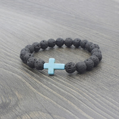 black lava stone stretchy bracelet withlight blue stone cross