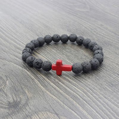 black lava stone stretchy bracelet with red stone cross