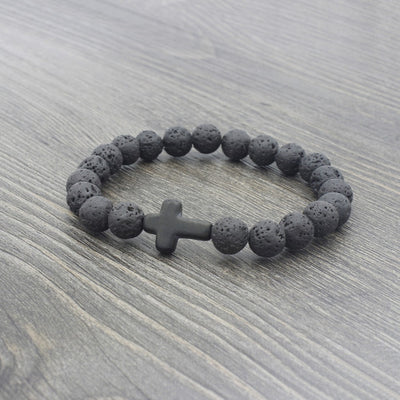 black lava stone stretchy bracelet with black stone cross