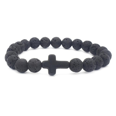 black lava stone bead bracelet one size fits all with black stone cross