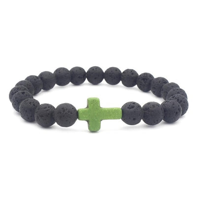black lava stone stretchy bracelet with green stone cross