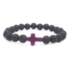 black lava stone bead bracelet one size fits all with purple stone cross