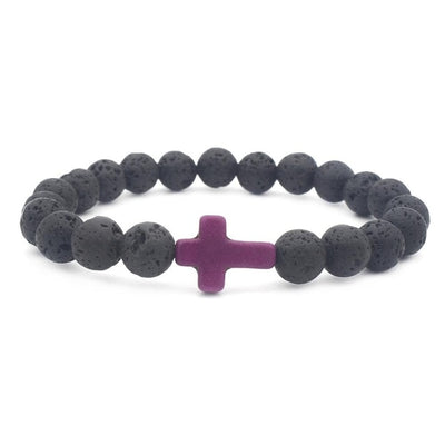 black lava stone bead bracelet one size fits all with purple stone cross
