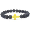 black lava stone bead bracelet one size fits all with yellow stone cross