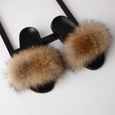 fur slides fox fur natrual racoon brown fox fur fluffy slides slippers for ladies with black rubber soles
