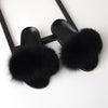 womens black color fox fur slides slippers with black rubber sole