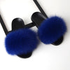 womens royal blue color fox fur slides slippers with black rubber sole