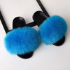 blue fox fur fluffy slides slippers for ladies with black rubber soles blue for slides