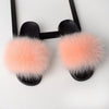 peach fox fur fluffy slides slippers for ladies with black rubber soles