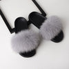 womens light grey  color fox fur slides slippers with black rubber sole
