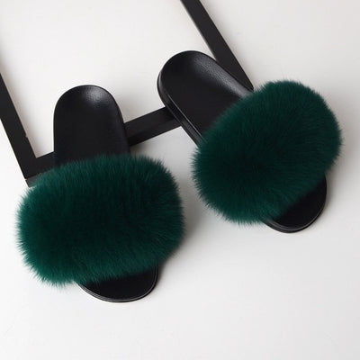 dark green fox fur fluffy slides slippers for ladies with black rubber soles