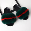 dark green with red line fox fur fluffy slides slippers for ladies with black rubber soles
