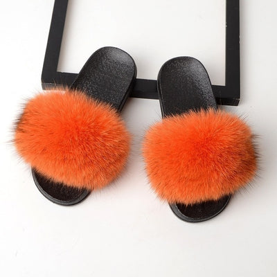 womens orange color fox fur slides slippers with black rubber sole