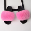 pink fox fur fluffy slides slippers for ladies with black rubber soles