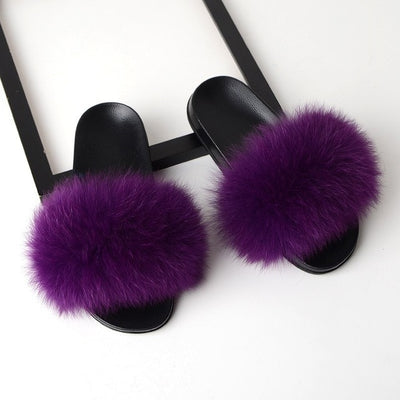 womens light violet purple  color fox fur slides slippers with black rubber sole