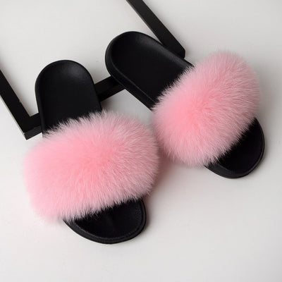 womens light pink olor fox fur slides slippers with black rubber sole