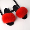 womens red fox fur slides slippers with black rubber sole