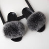 gre dark black  fox fur fluffy slides slippers for ladies with black rubber soles